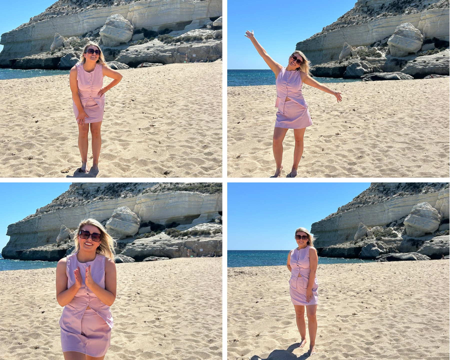Collage of four images showing a woman standing on a beach, confident and radiant, embodying self-worth, empowerment, and freedom while living in her Worthy Woman era