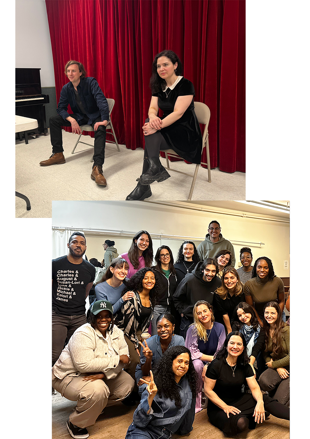 Misha Calvert coaching a group of artists which are happy and smiling