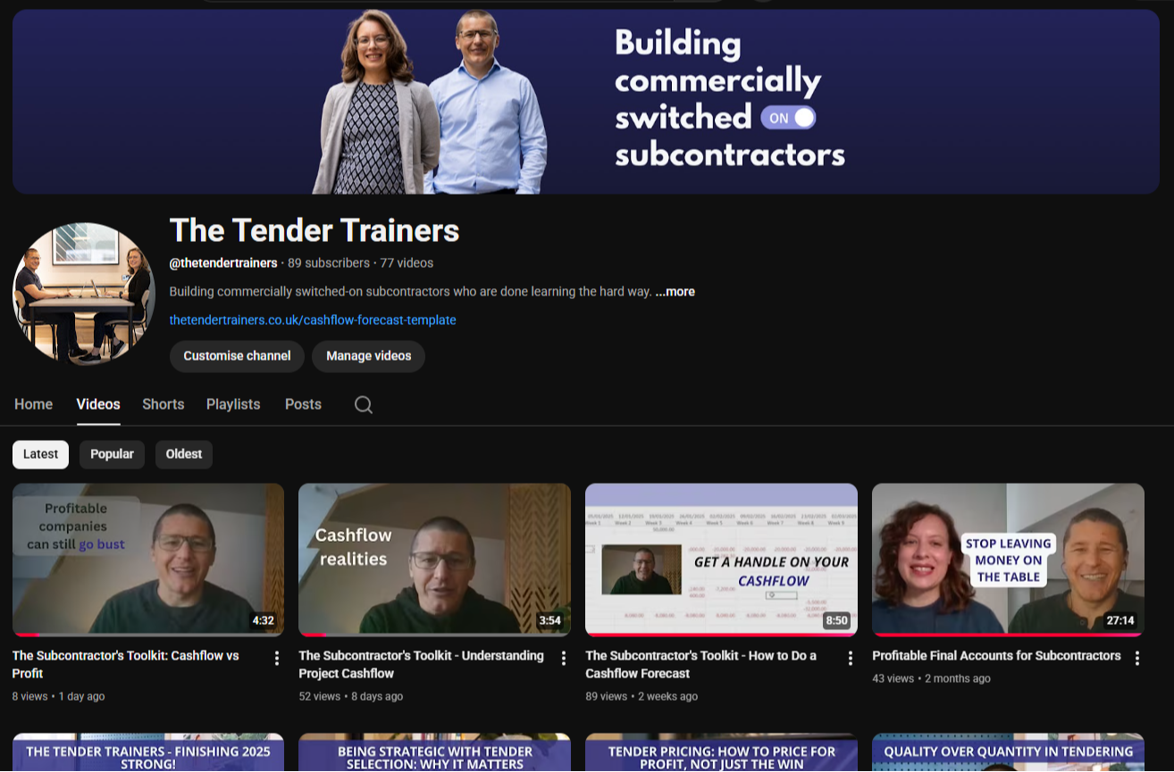 Image of The Tender Trainers YouTube channel home page with a link to visit the channel