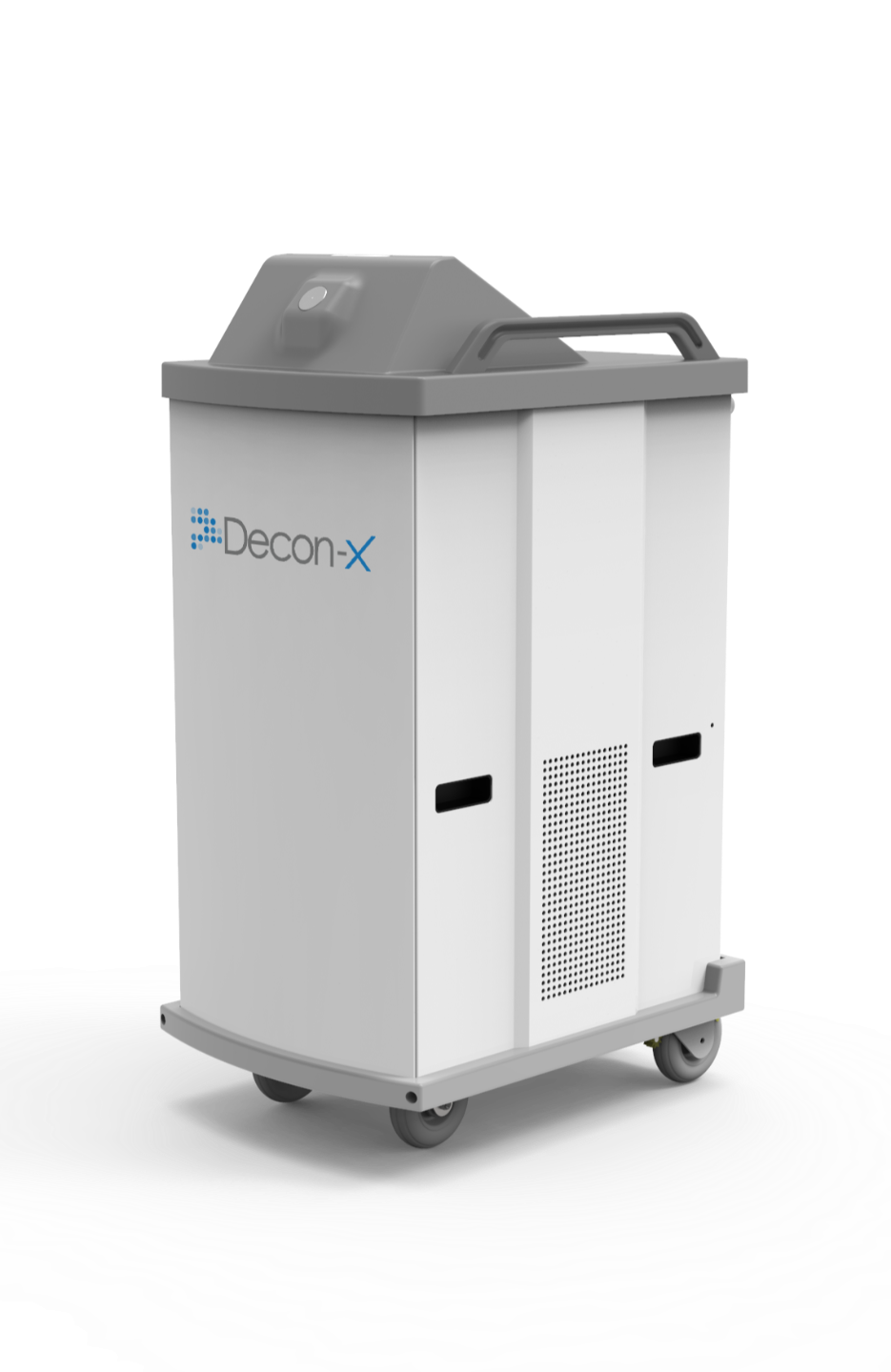 A 3D rendering of the Decon-X DX1 disinfection robot. It is a white, rectangular mobile unit with gray trim, a handle on top, and four wheels. The Decon-X logo is visible on the side