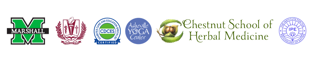 Logos representing Lacy Davidson Ferguson’s certifications in nutrition, yoga, herbal medicine, and health coaching