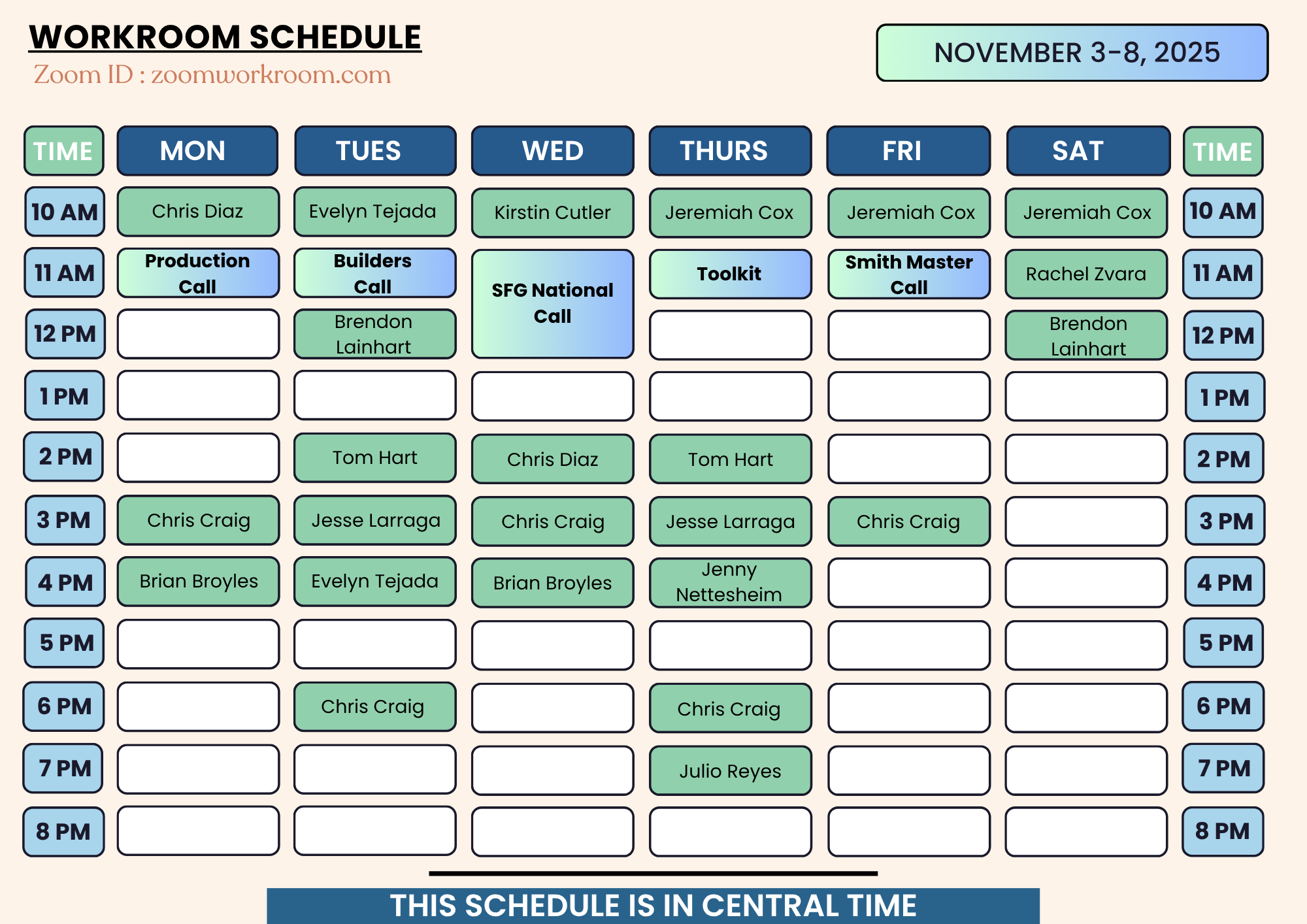 Weekly Workroom Schedule