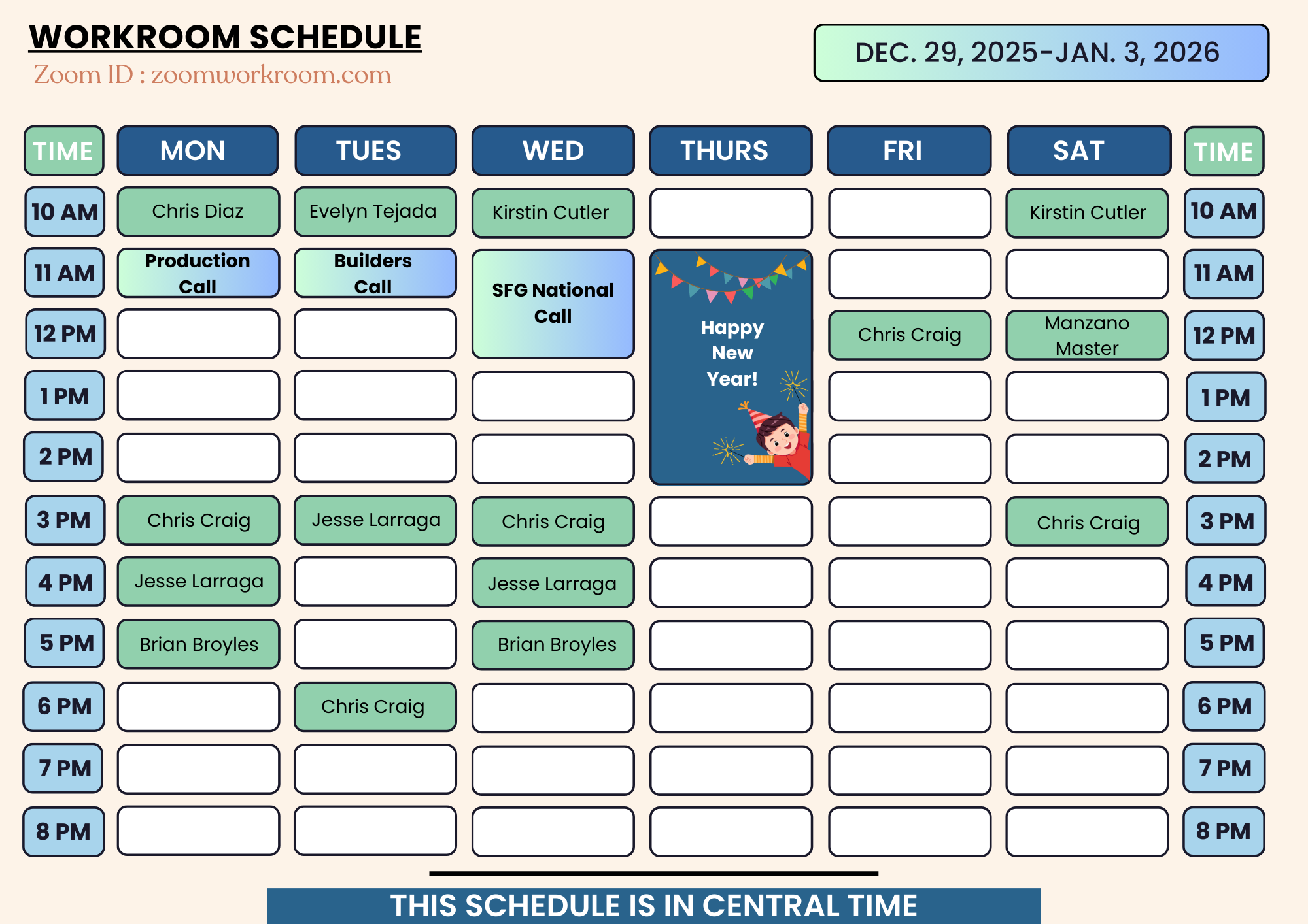 Weekly Workroom Schedule