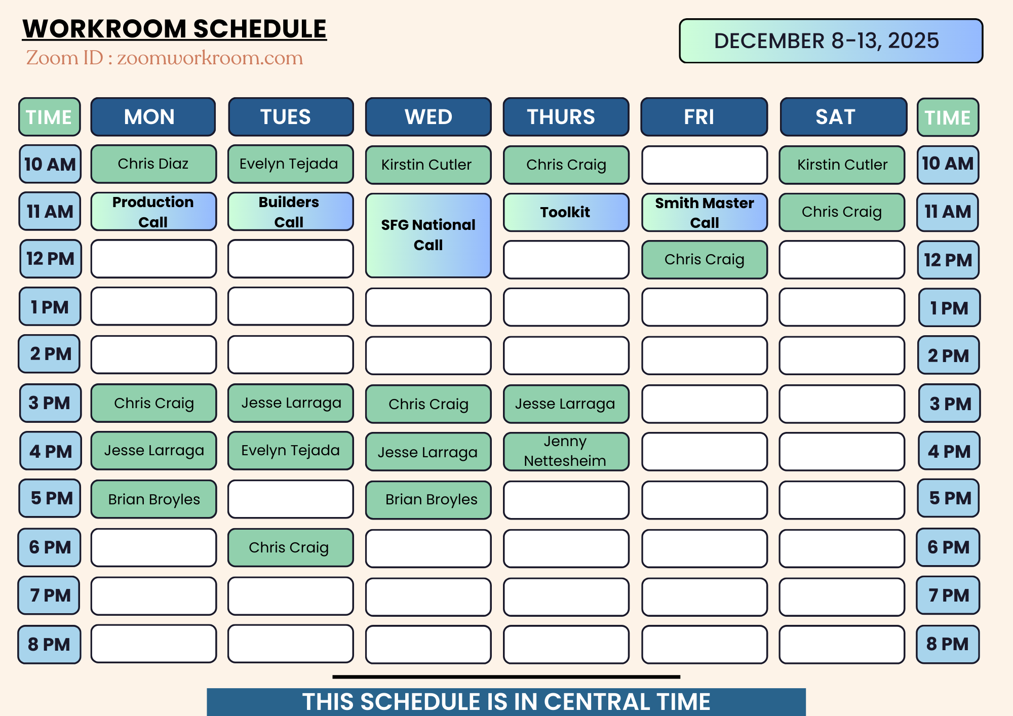 Weekly Workroom Schedule