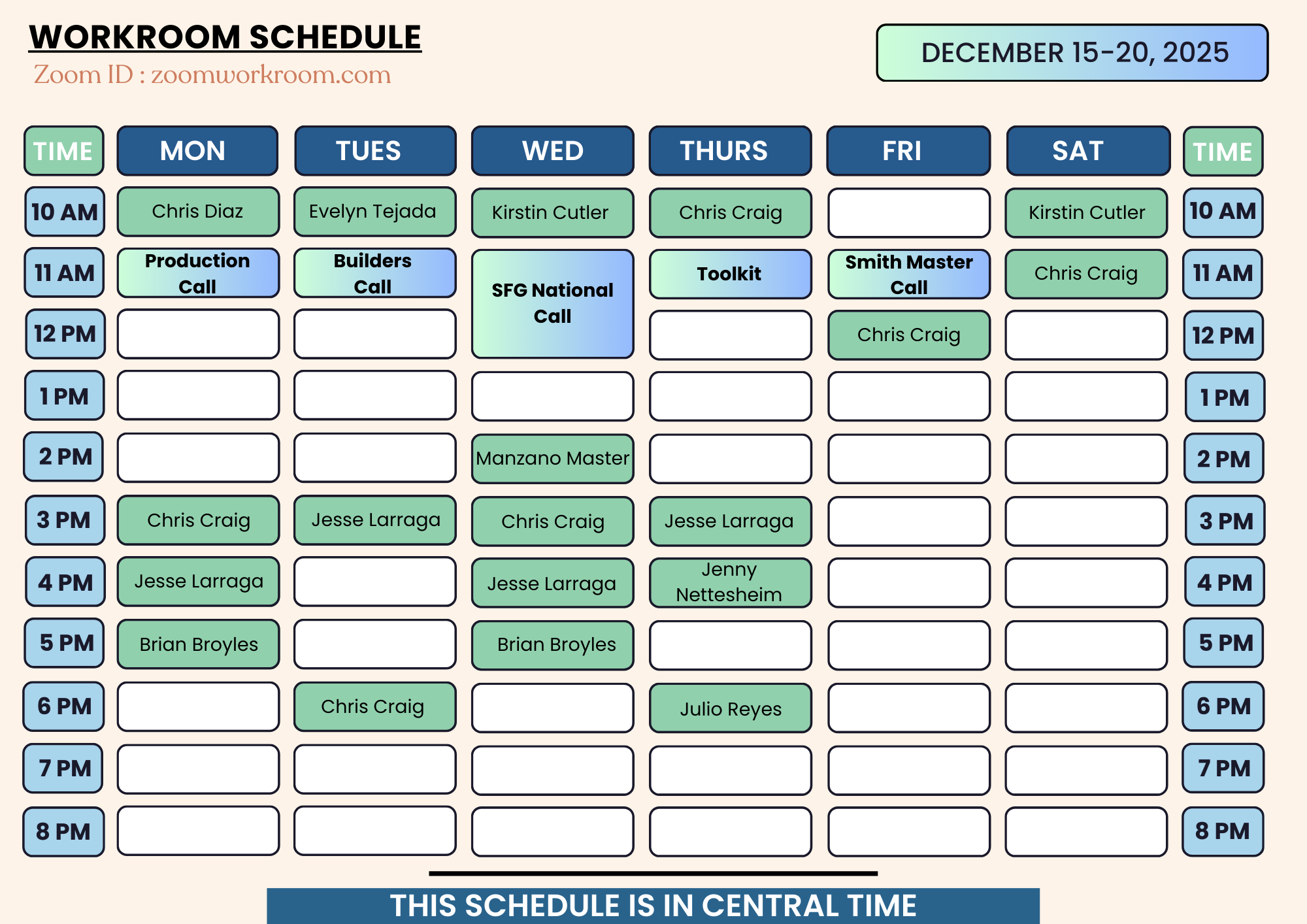 Weekly Workroom Schedule