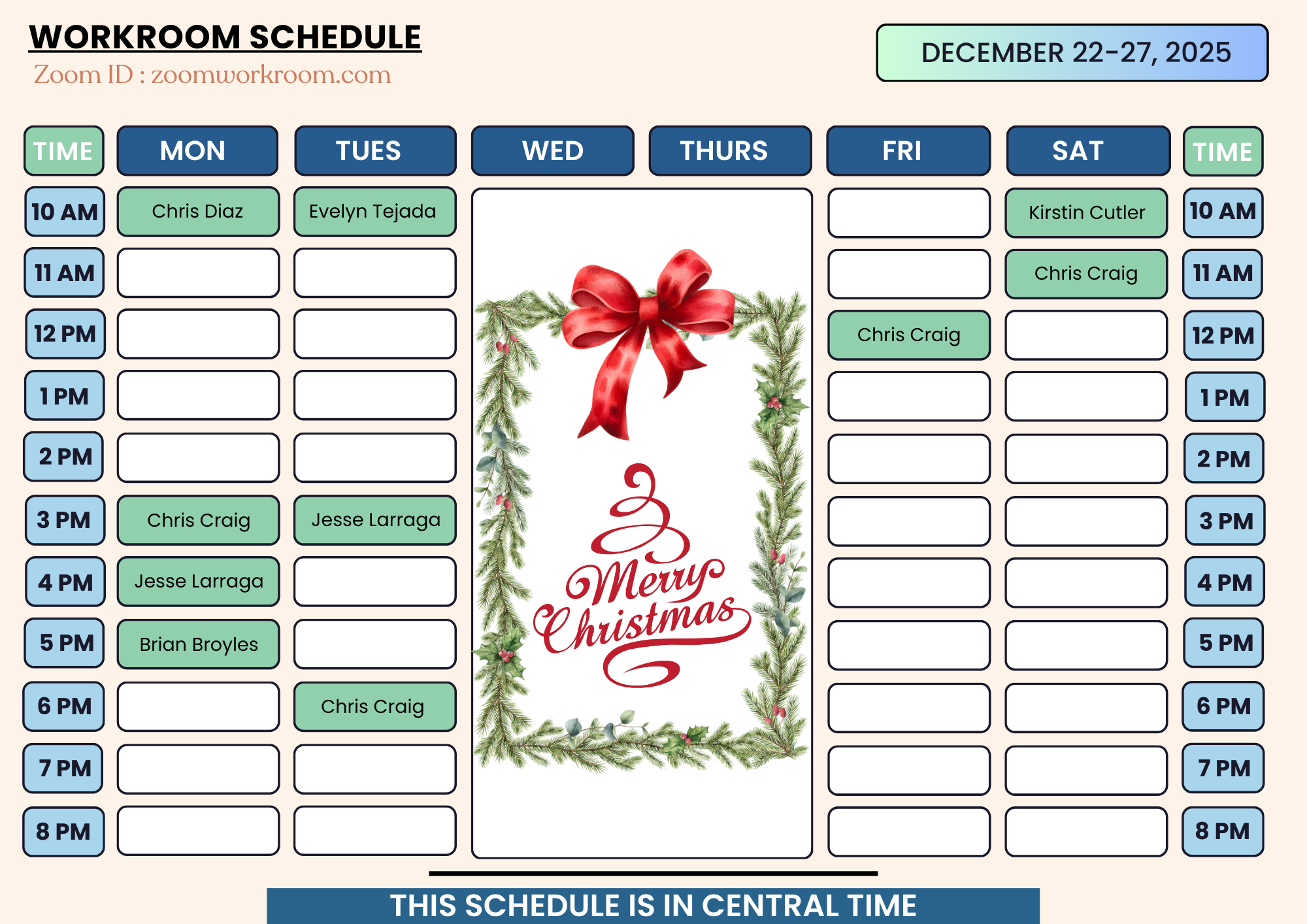 Weekly Workroom Schedule