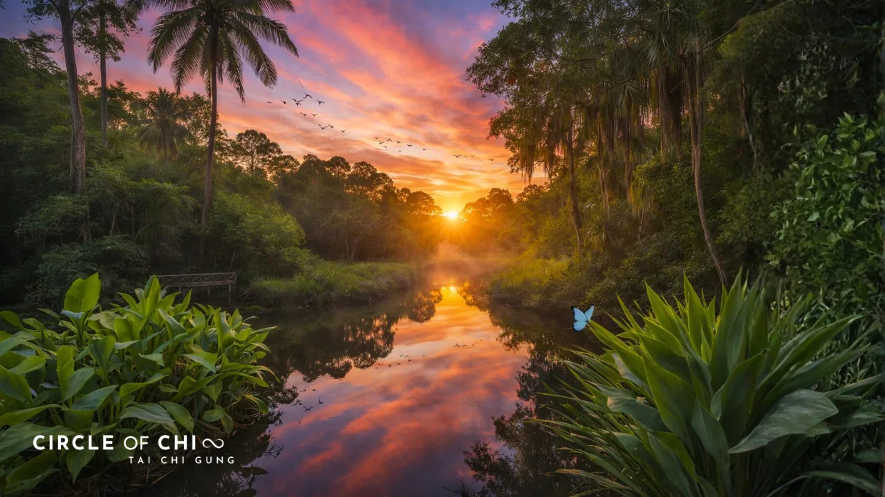 A beautiful sunrise in Sarasota Florida, with a peaceful stream reflecting the sunlight, and an early morning sky where Brienne Cooper teaches Tai Chi Gung
