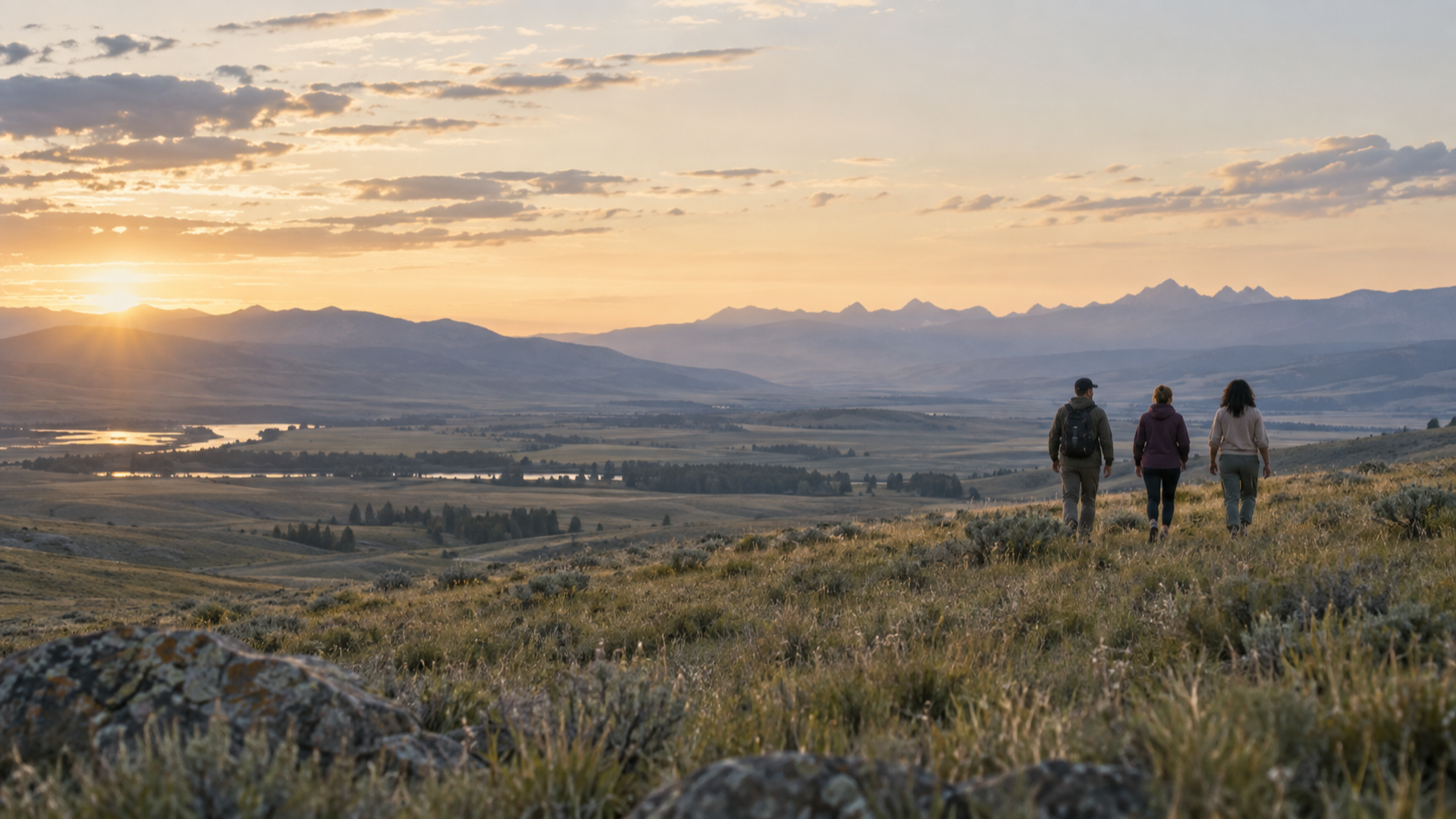 Two people walking across an open landscape