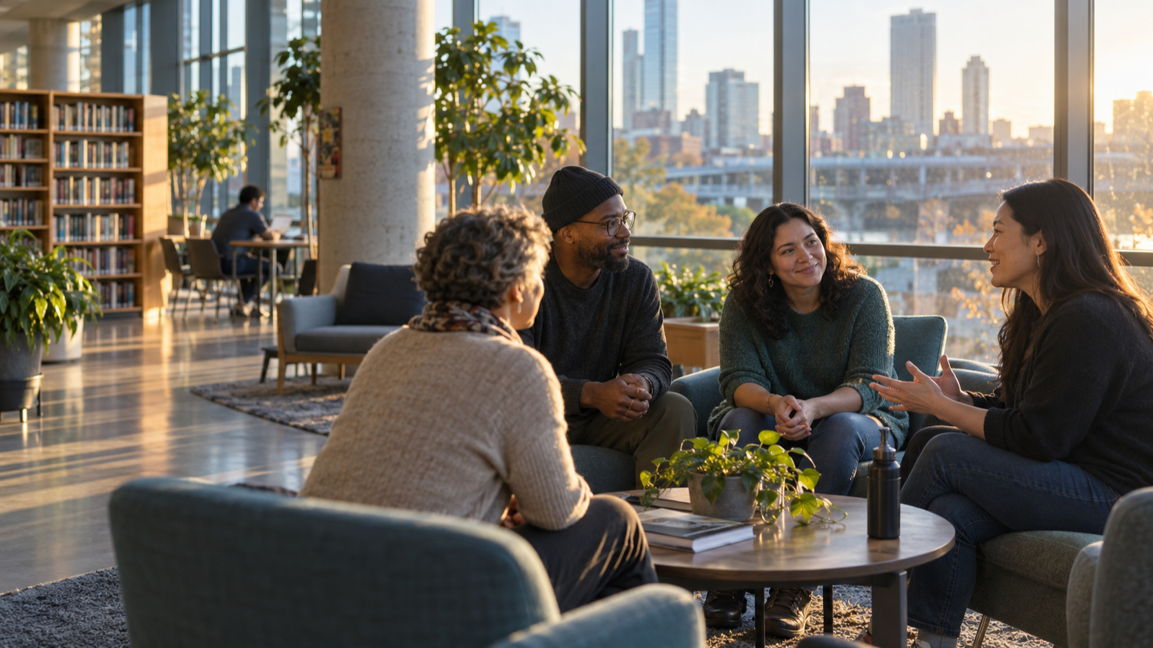 Community members in conversation about support and wellbeing
