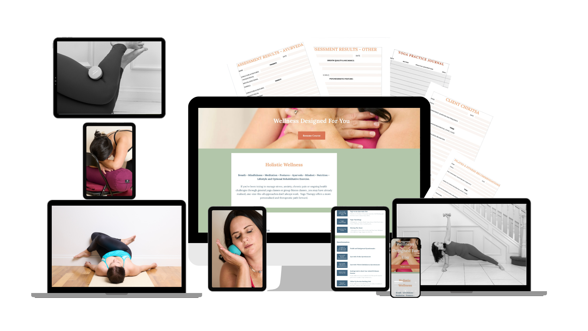 Personalised online wellness program combining yoga therapy, Pilates and functional fitness across multiple devices