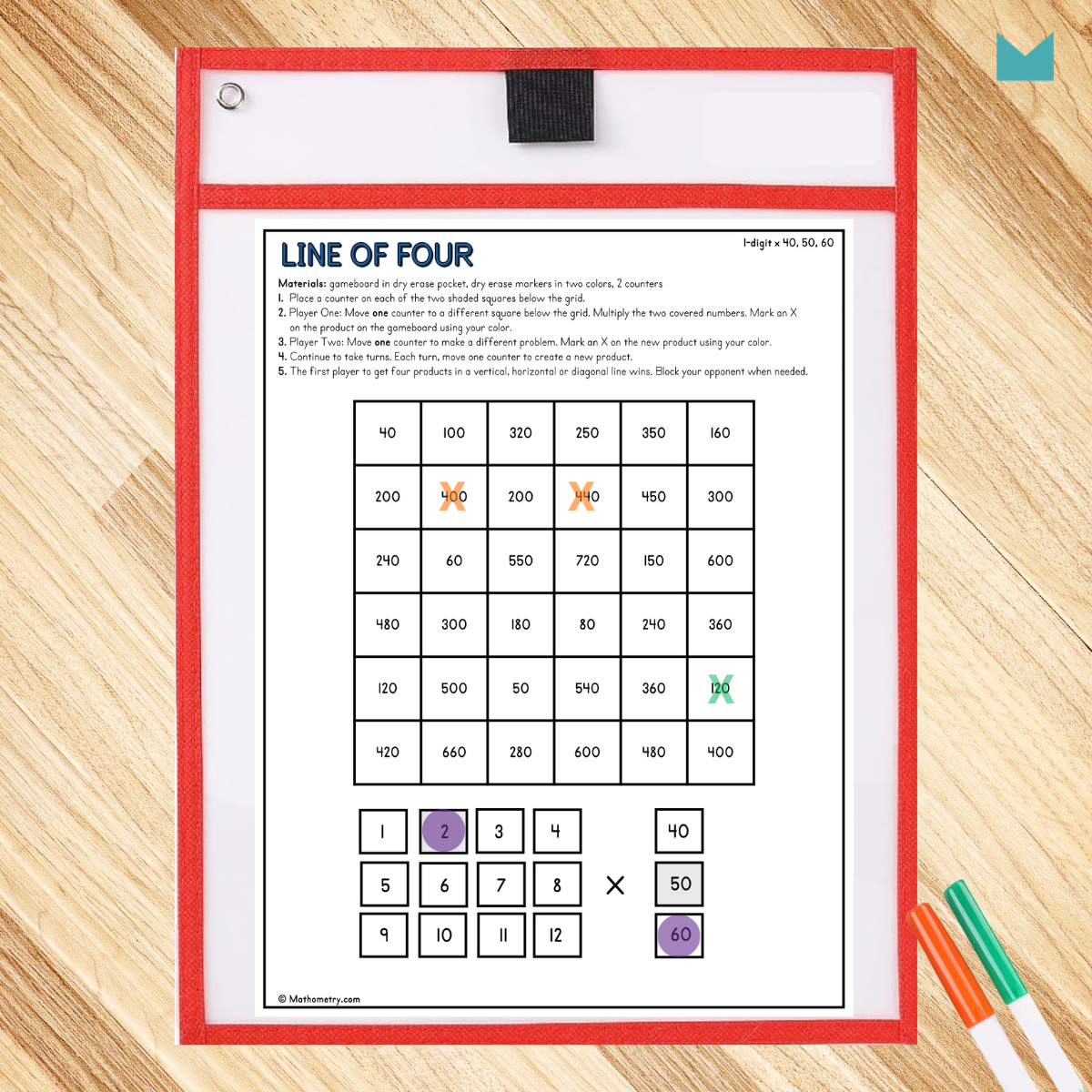 Line of Four: Multiply 1-digit x 40, 50, 60