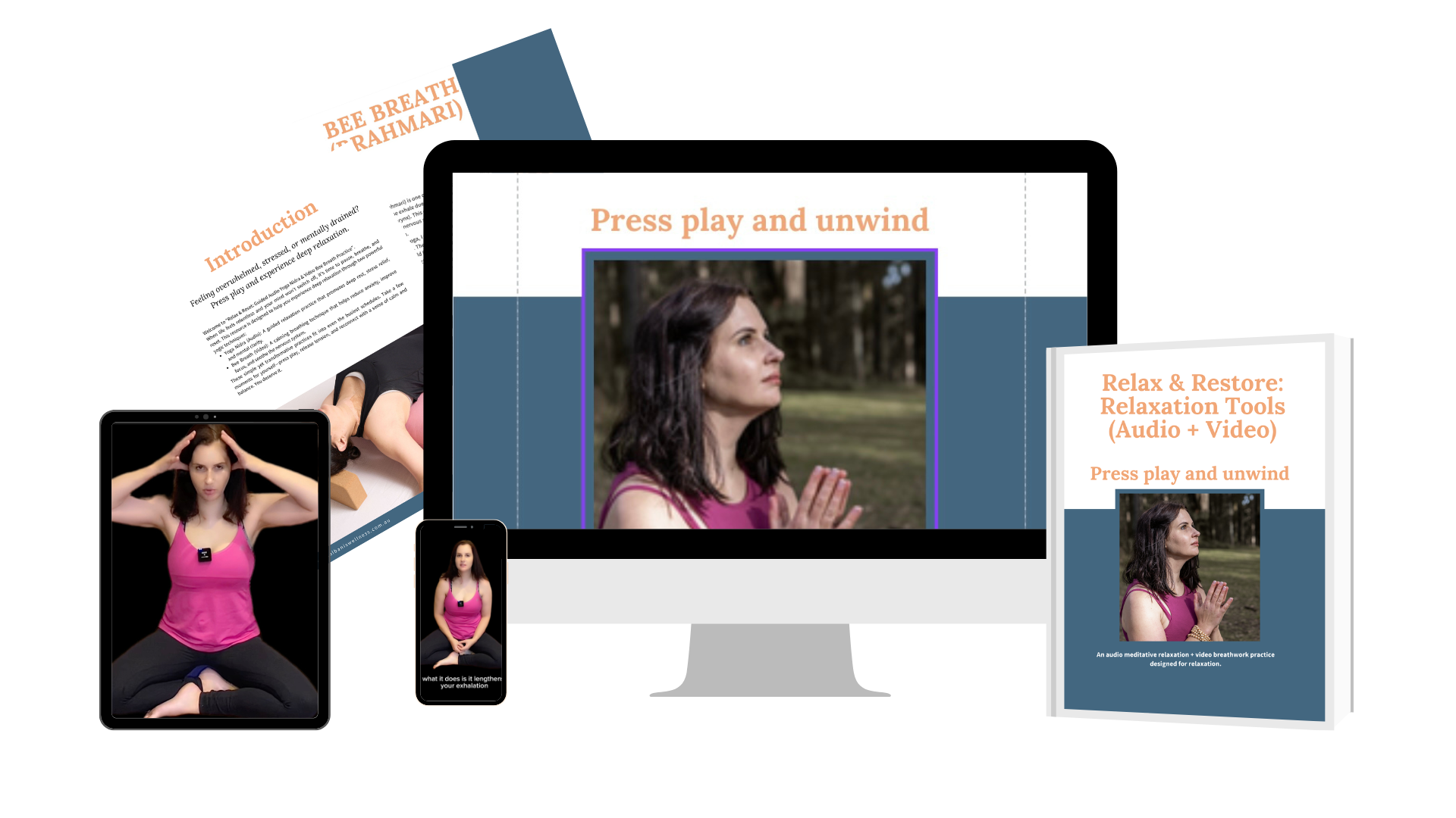 Woman practicing gentle yoga with a hand on her heart, featured in Relax & Restore mental wellness guide with audio and video tools