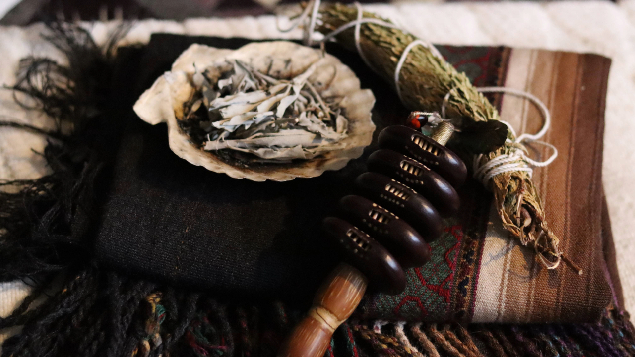 Shamanism rattle smudge sage and cedar