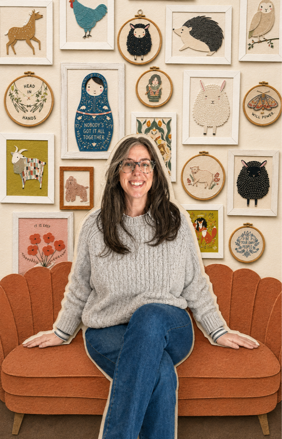 Stacie Bloomfield wearing a Gingiber floral apron in her art studio
