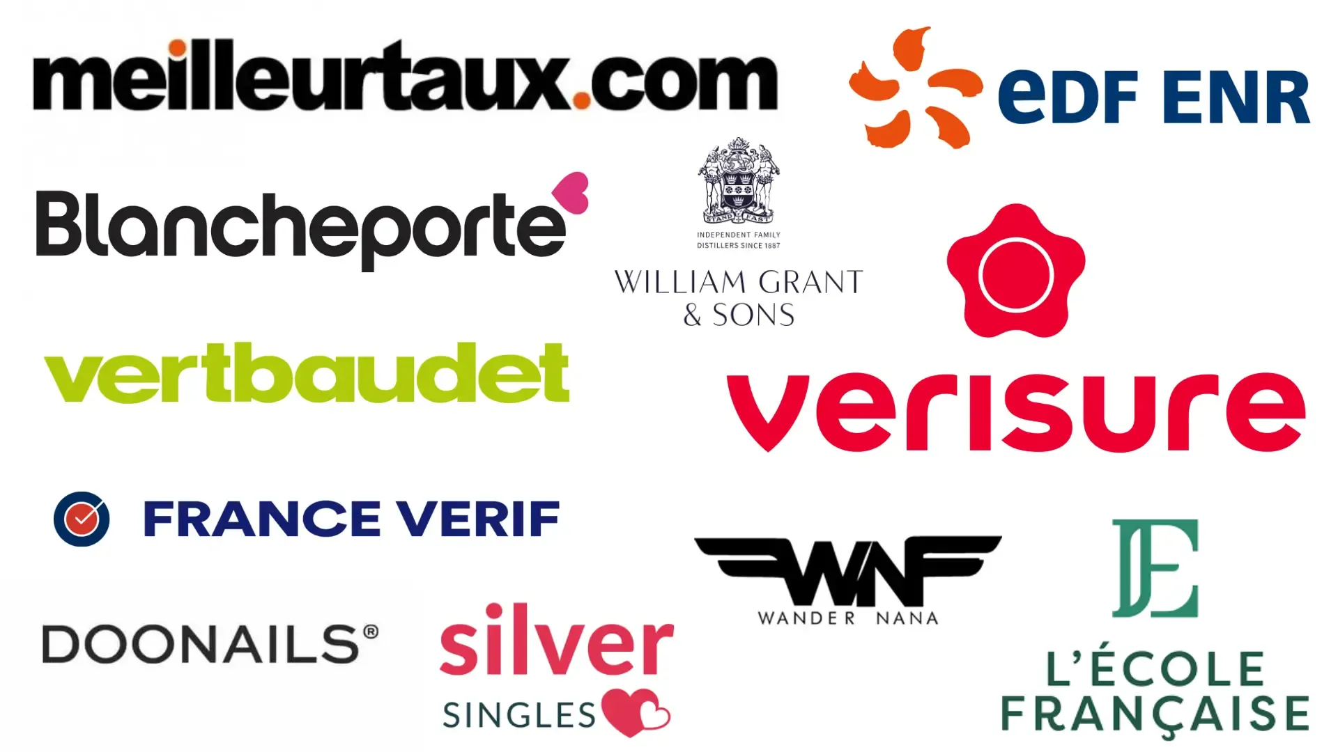 Logos d'entreprises qui font confiance à Fabien Schwartz :meilleurtaux.com, EDF ENR, Blancheporte, William Grant & Sons, verisure, vertbaudet, france verif, wander nana, l'école française, silver singles, doonails.