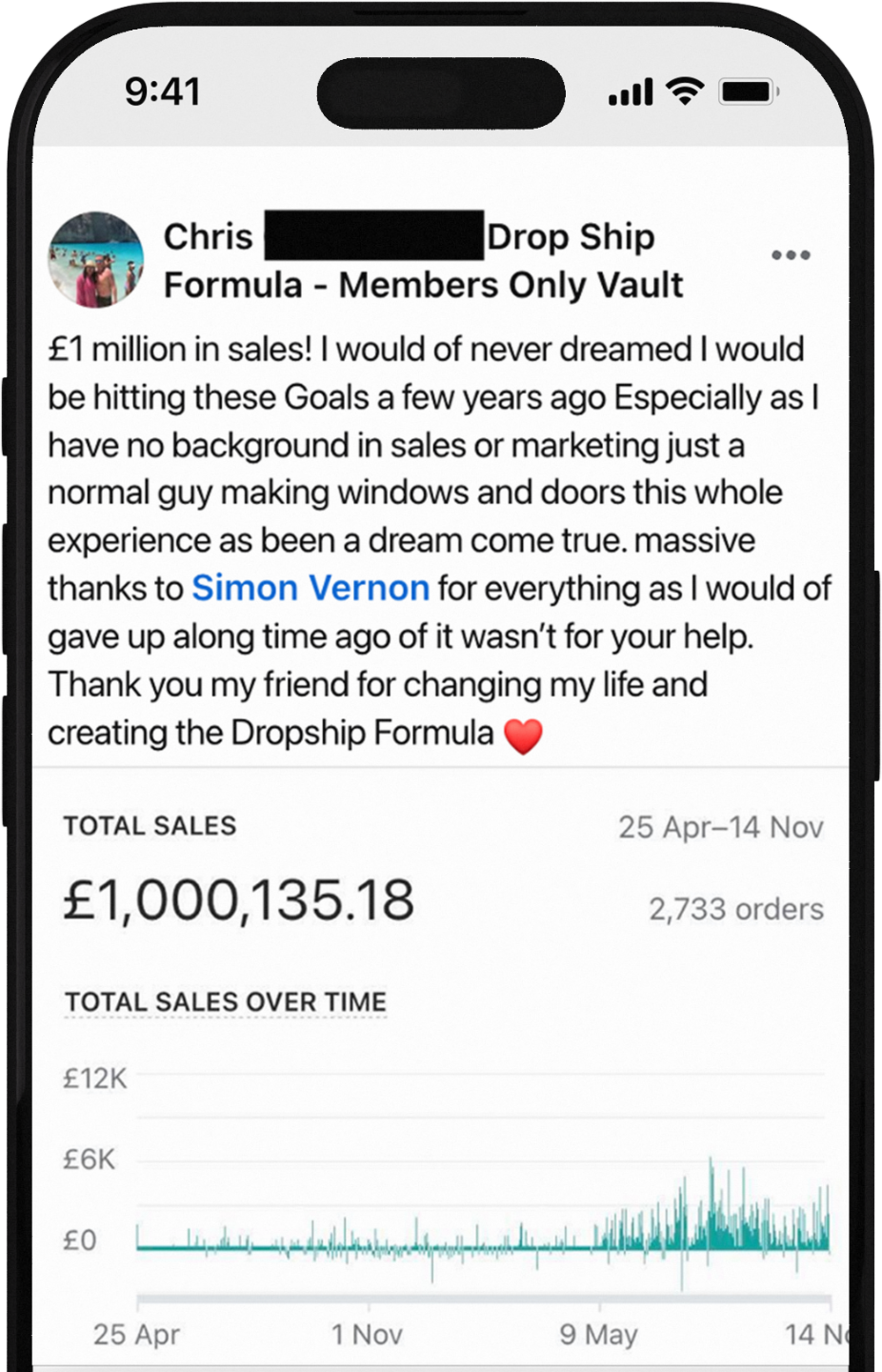 Picture showing student Chris success of £1,000,000 generated 