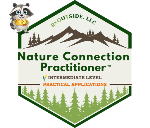 A smiling Kathleen with long gray hair wearing a maroon jacket and necklace stands before a backdrop adorned with green leaf illustrations, embodying the joy of nature connection.