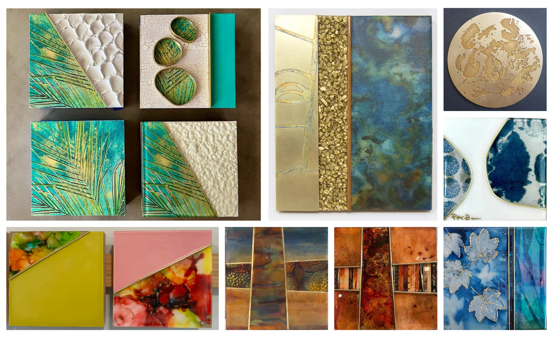 various metal and patina art course work samples from students