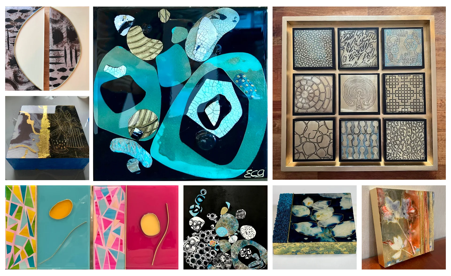 various metal and patina art course work samples from students