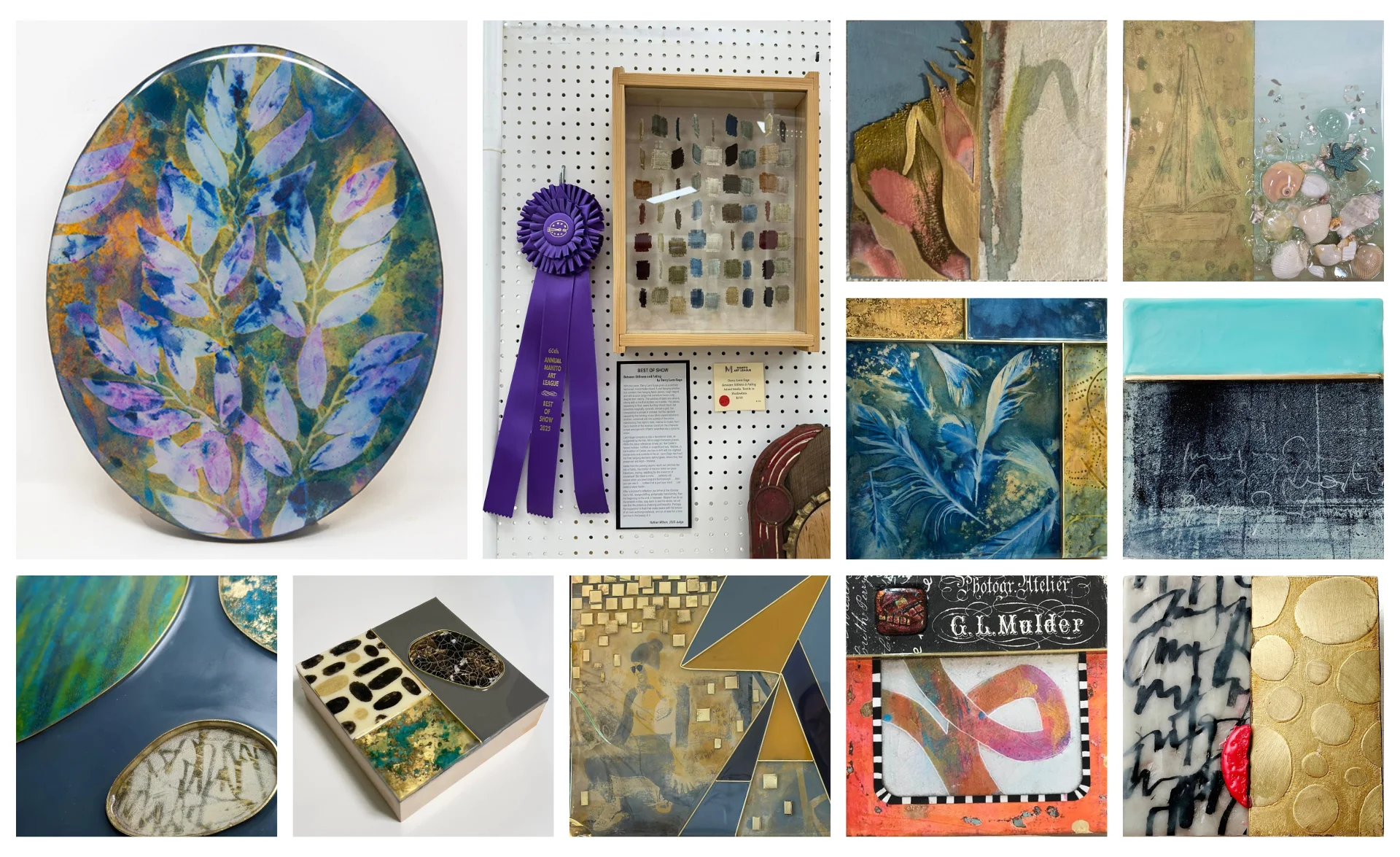 various metal and patina art course work samples from students