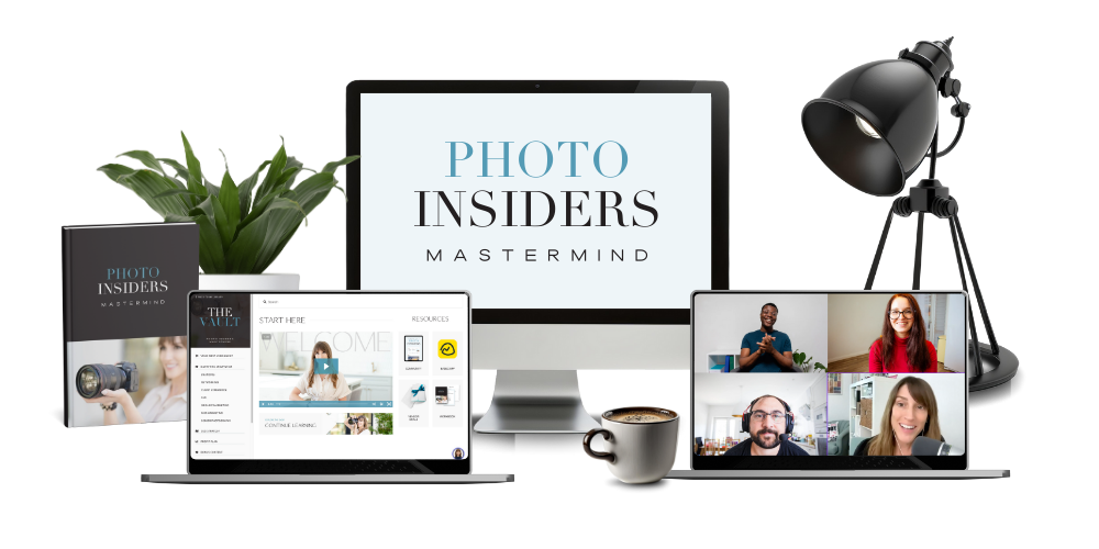 A laptop open showing the Photo Insiders logo and a photo of Vanessa Joy holding a camera