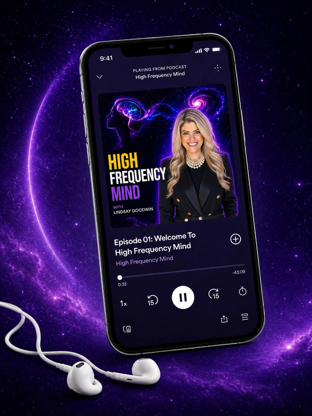 The High Frequency Mind consciousness, mindset and manifestation podcast shown on an iPhone screen