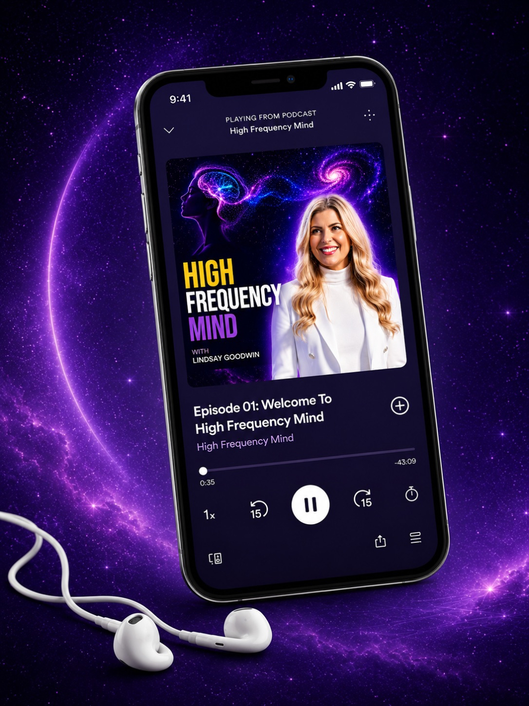 The High Frequency Mind consciousness, mindset and manifestation podcast shown on an iPhone screen