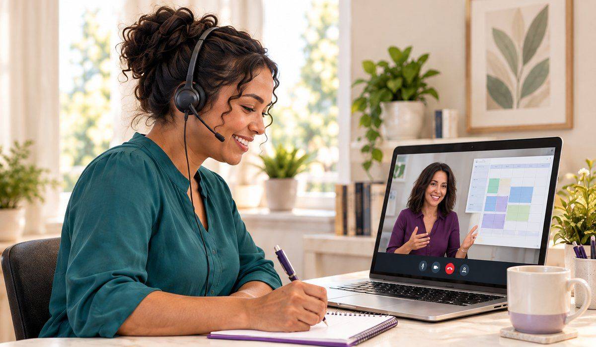Illustration of a learner practicing dental front-office skills during an online lesson.