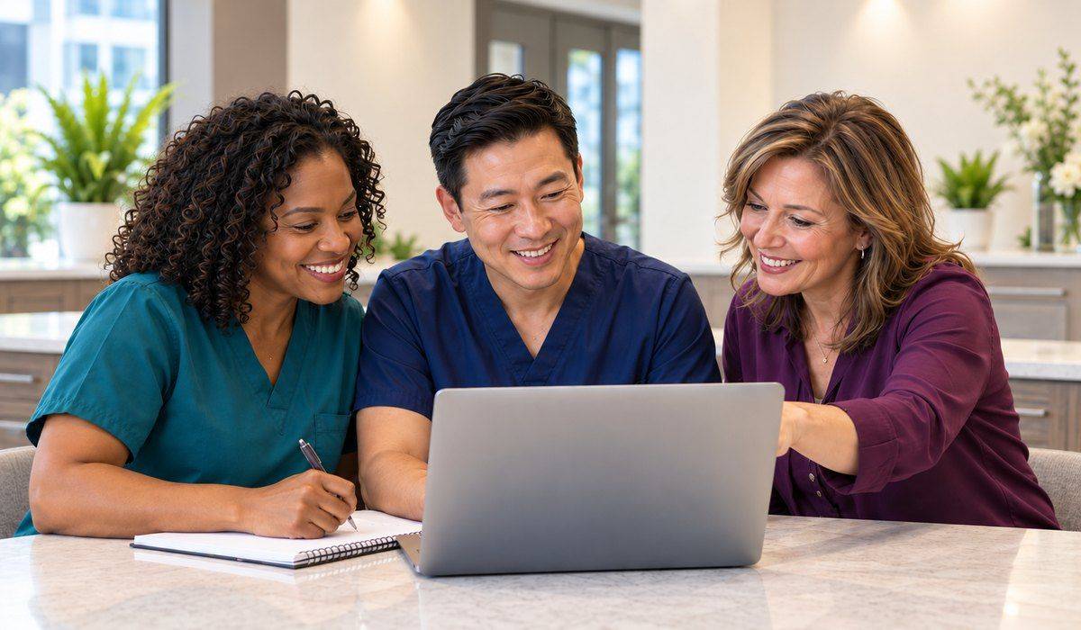 Illustration of dental team members learning front-office skills together at a laptop.