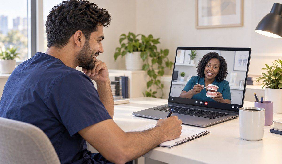 Illustrative scene of a learner joining an online lesson with a dental-training instructor.