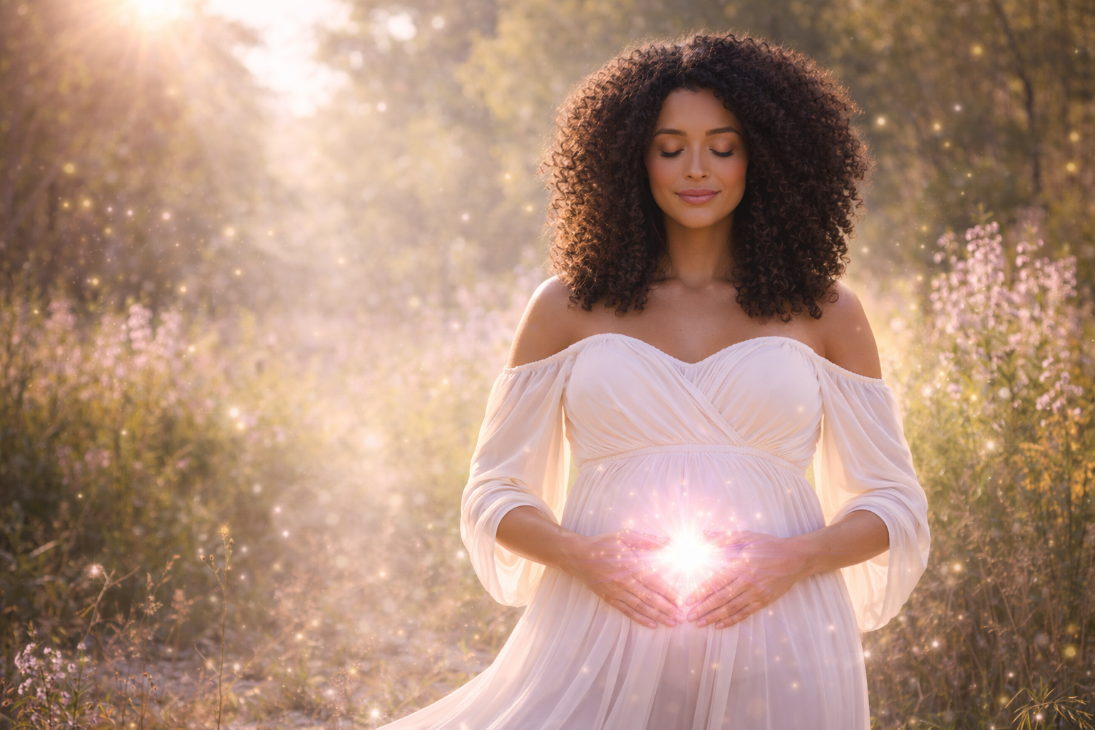 Woman holding her glowing pregnant belly, representing embodied fertility support