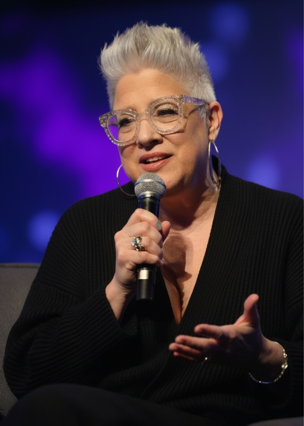 Kirsten Bombdiggity speaking on stage, holding a microphone and engaging the audience