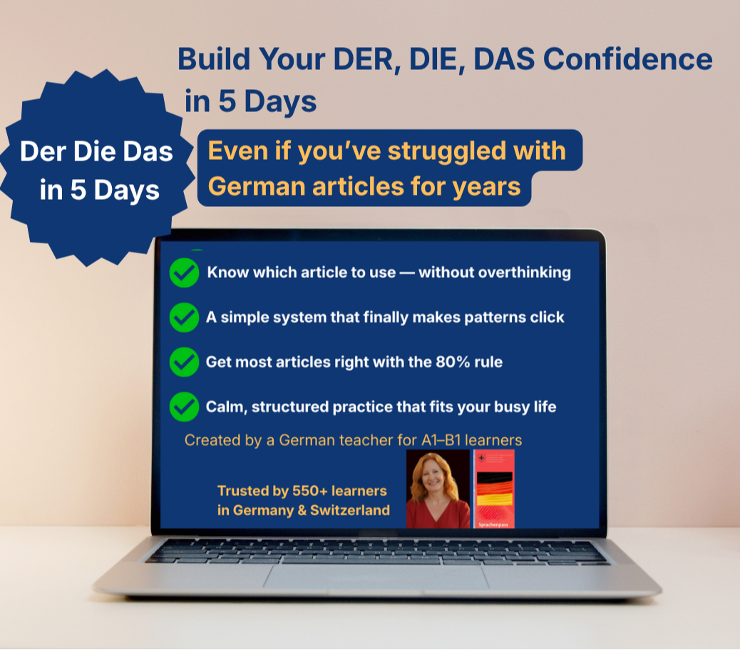 5-Day DER, DIE, DAS Roadmap mock-up for A1–B1 expats building confidence with German articles in Germany and Switzerland.