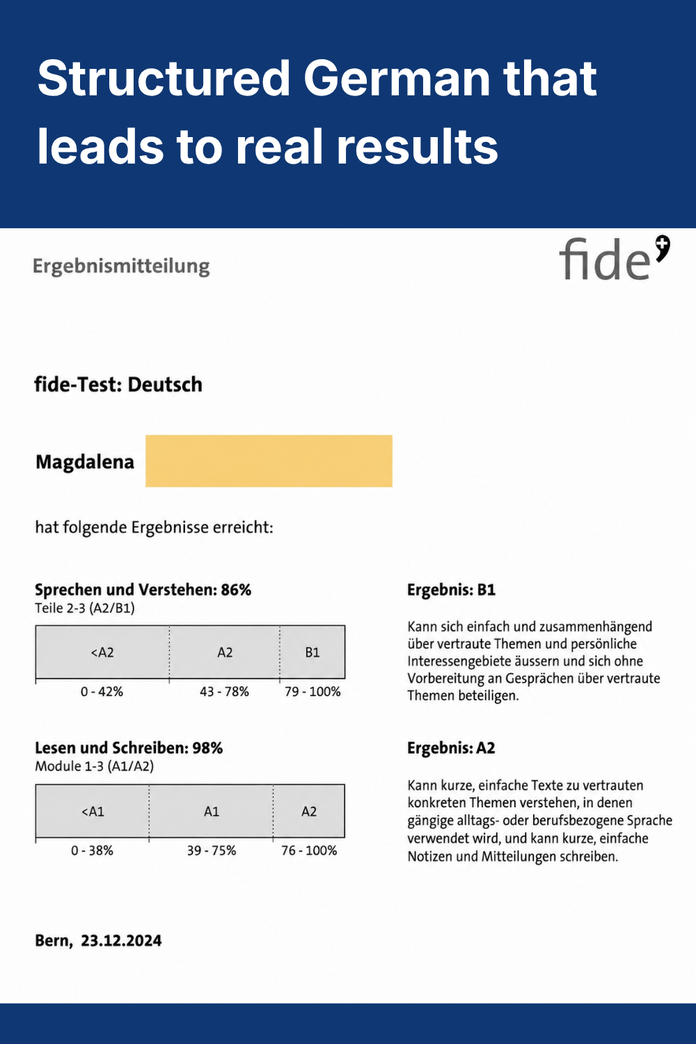 Expat in Switzerland passing the Fide German Test with a B1 speaking result after structured German lessons.