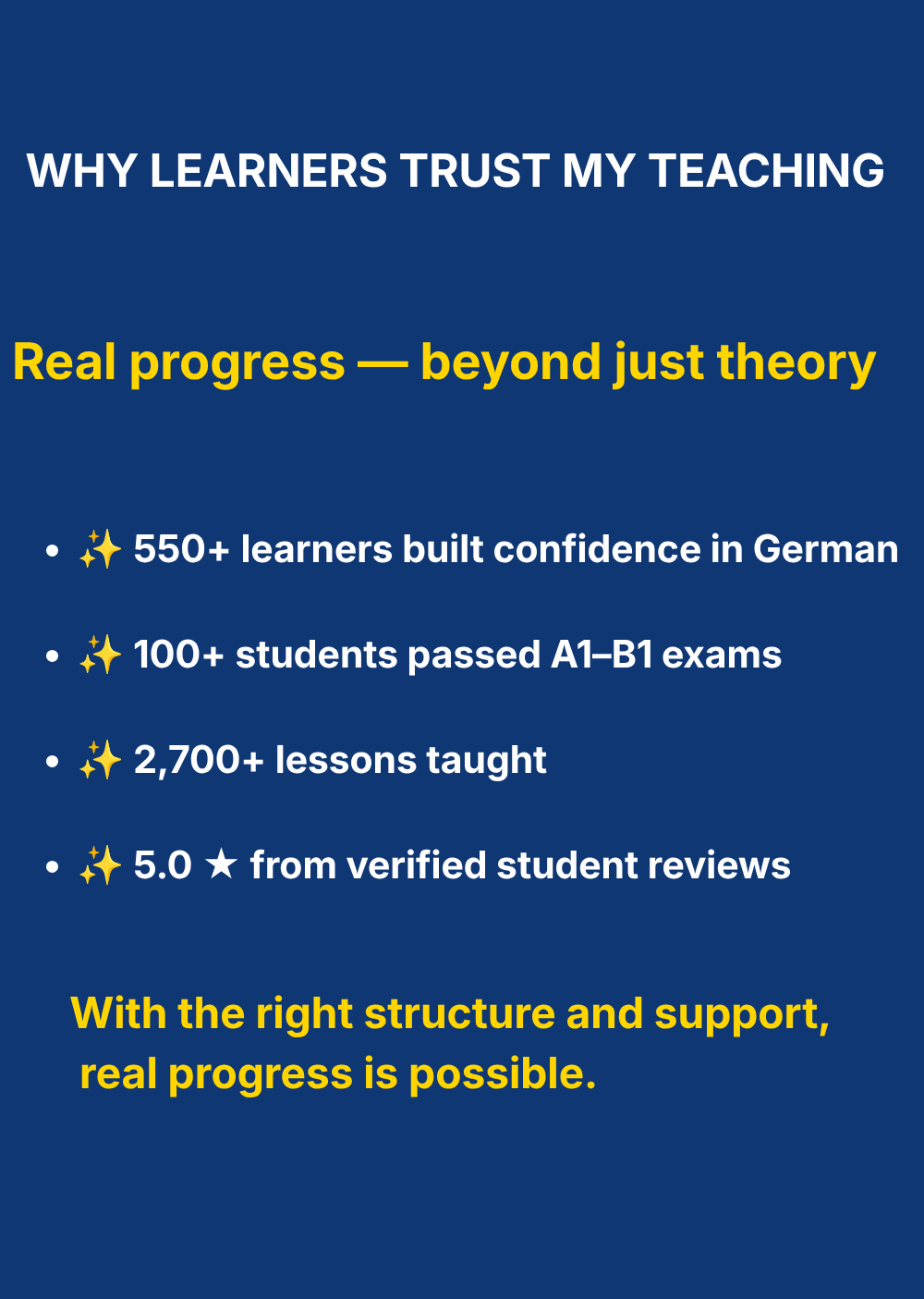 Real progress - beyond just theory. Deutsch A Beatrice - 550+ learners helped - 100+ students passed A1–B1 exams - 2,700+ lessons taught - 5.0 stars from verified student reviews