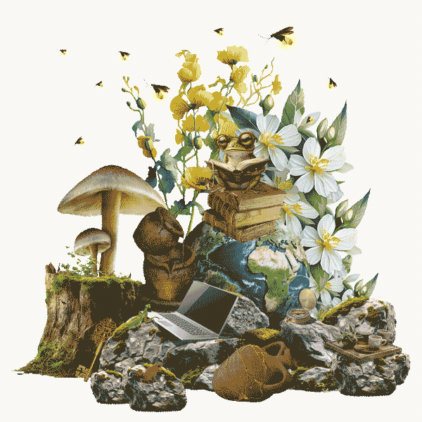 collage of flowers, a globe, a laptop, rocks, a tree stump, mushrooms, frogs, bees and books to symbolize the symbiosis between systems change and humanity