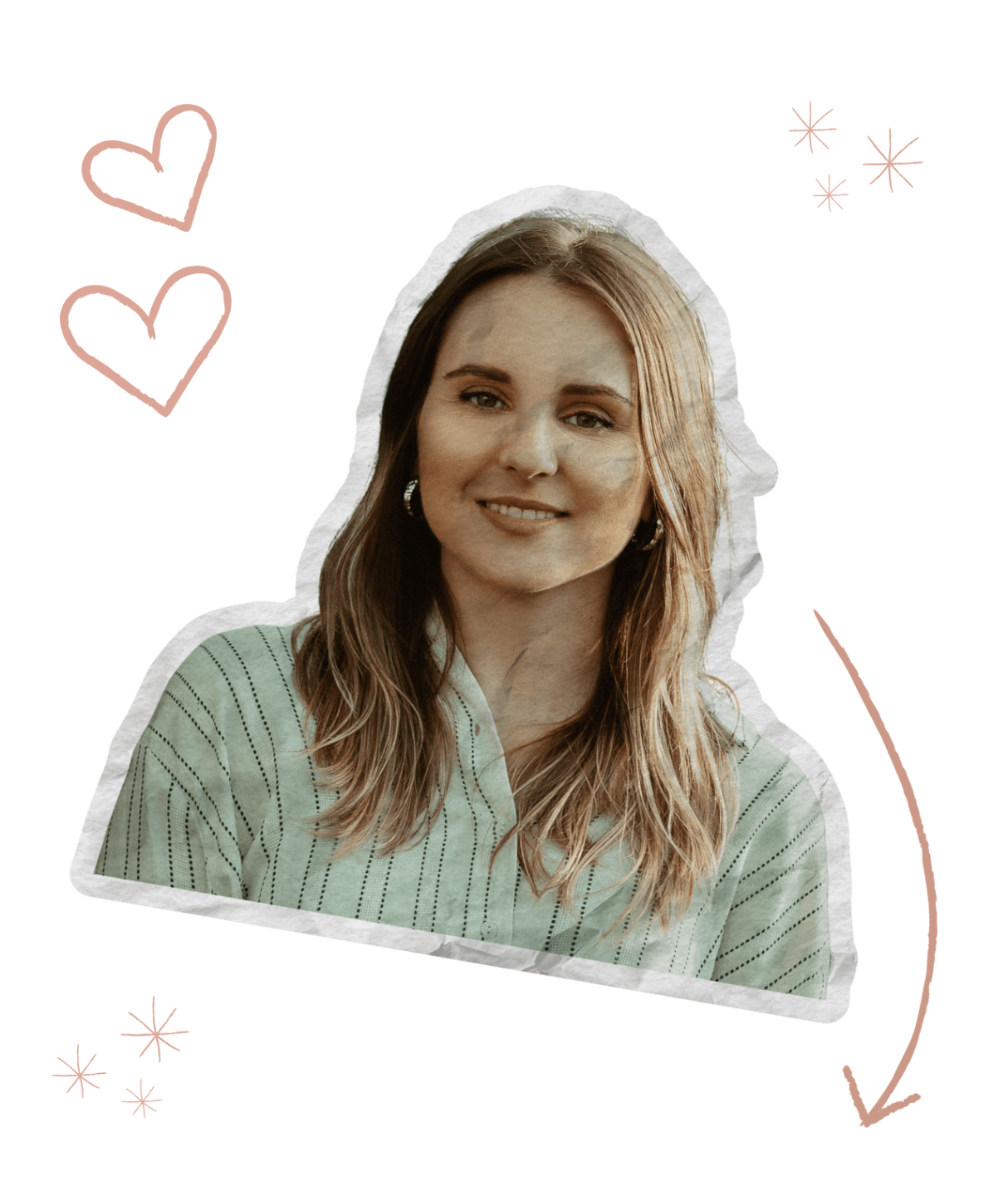 Nora, Parayma founder, sits in a chair with her legs crossed and one hand rests on her face. The Parayma logo is reorganized into hearts up to the right, down to the left is a squiggly arrow pointing down.