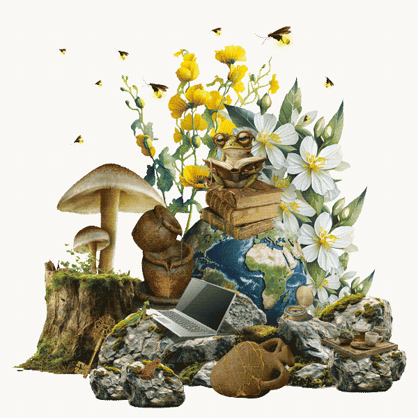 collage of flowers, a globe, a laptop, rocks, a tree stump, mushrooms, frogs, bees and books to symbolize the symbiosis between systems change and humanity