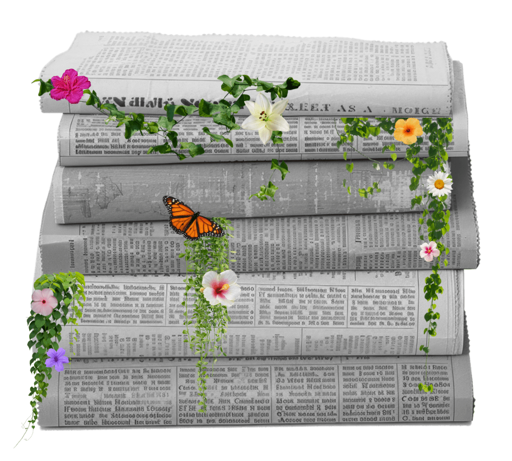 Collage with a vintage photo of a woman on a laptop surrounded by books and flowers