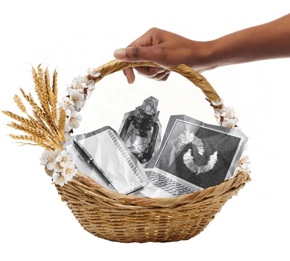 An artistic composition featuring two stone-like hands with greenery, a compass, and a colorful bird above, symbolizing nature and direction.