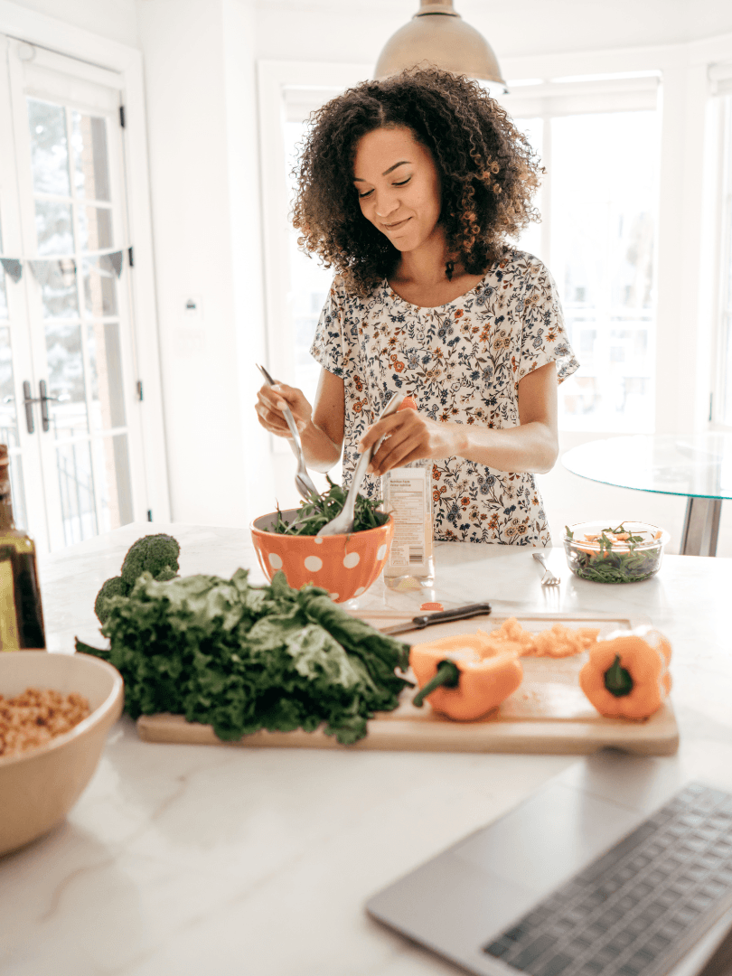 Image displaying cooking items and fresh produce, representing self-care and nutrition advocacy of Alive with Purpose.
