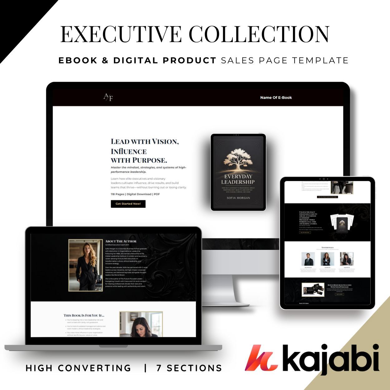 Image showing a laptop and desktop monitor and displaying the Kajabi E-Book Sales Page template