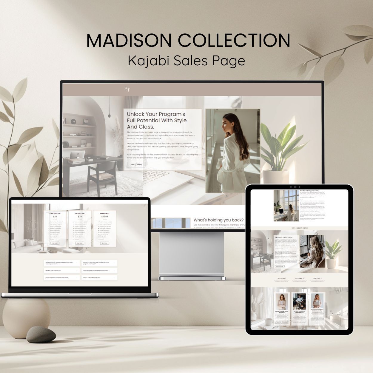 Madison Kajabi Sales Page neutral aesthetic shown on a tablet and laptop