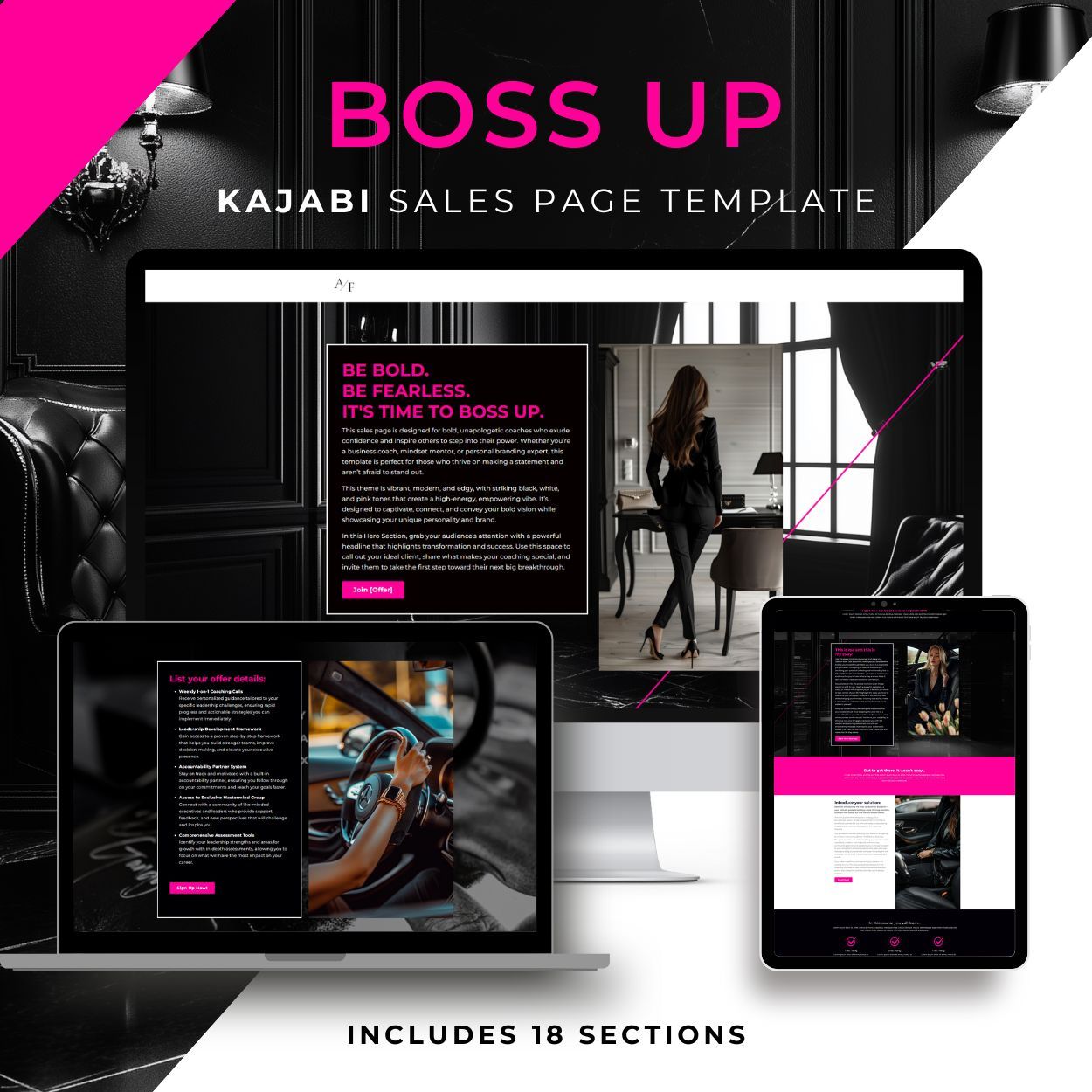 Boss Up Kajabi sales page template with bold black and pink design for confident coaches and premium offers