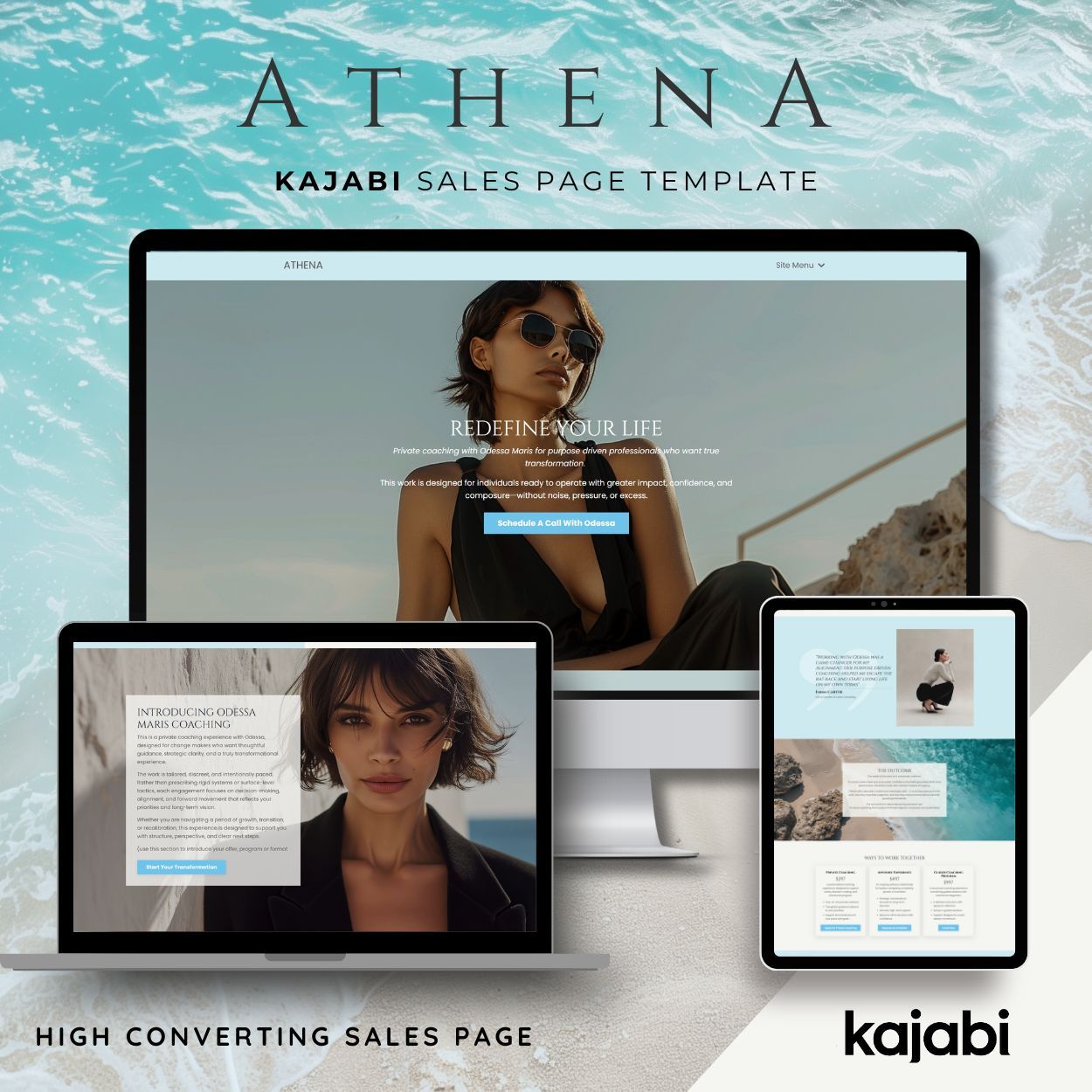 Milano Kajabi sales page template shown on desktop, tablet, and mobile devices for coaching and consulting offers