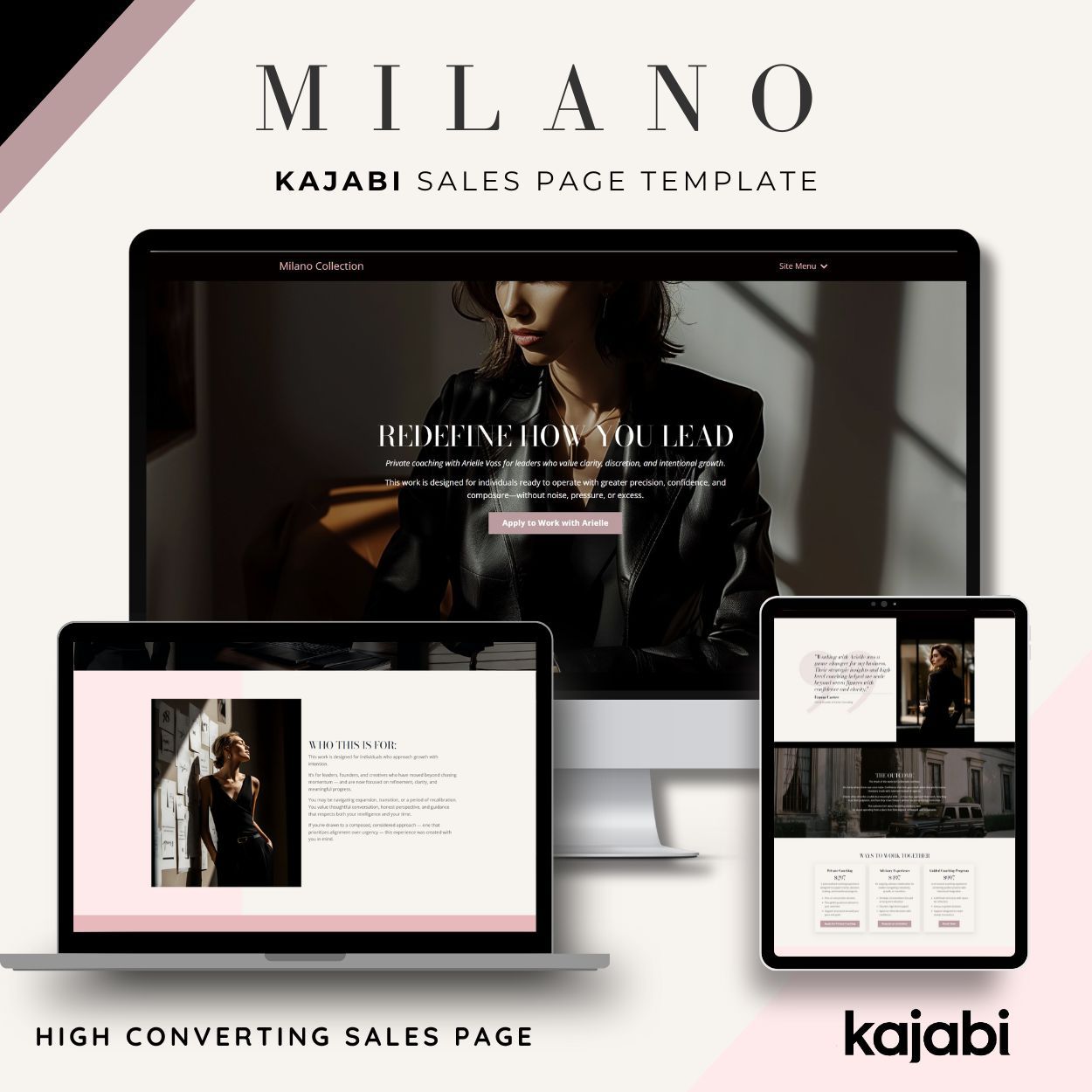 Milano Kajabi sales page template shown on desktop, tablet, and mobile devices for coaching and consulting offers