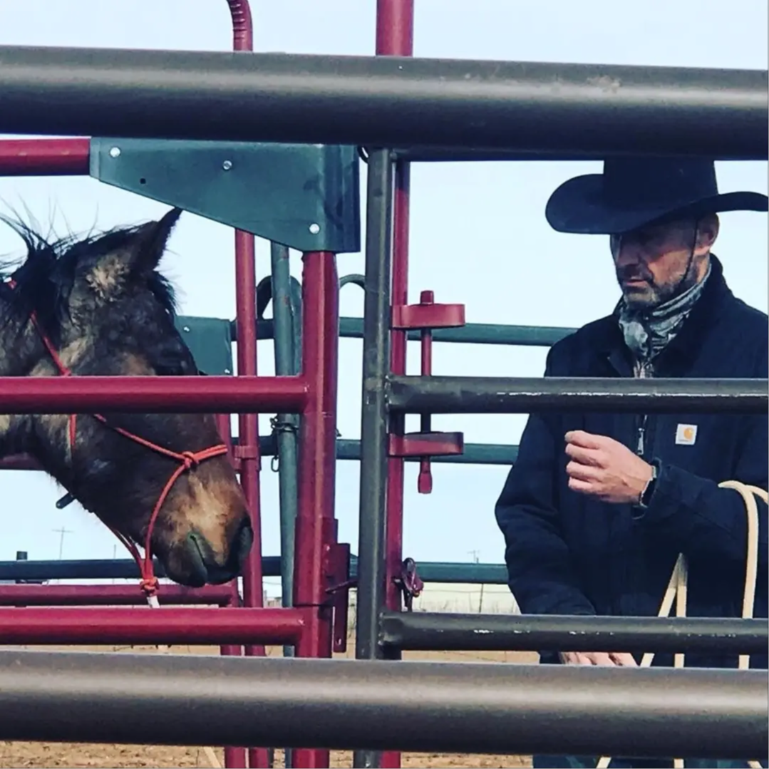 Federico Malatesta in the round pen during an equine coaching session, engaging in quiet observation and connection with a horse.
