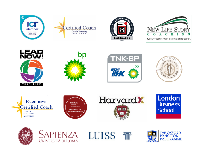 Logos representing Federico Malatesta’s education, professional certifications and work experiences, including La Sapienza University of Rome, LUISS, London Business School, Harvard X, Stanford, Coach Training Alliance, Institute for EQUUS coaching, Mentor Path, and work experience at BP and TNK-BP.