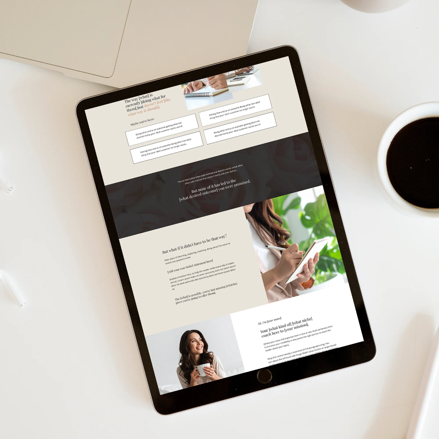 Kajabi sales page template on an iPad screen