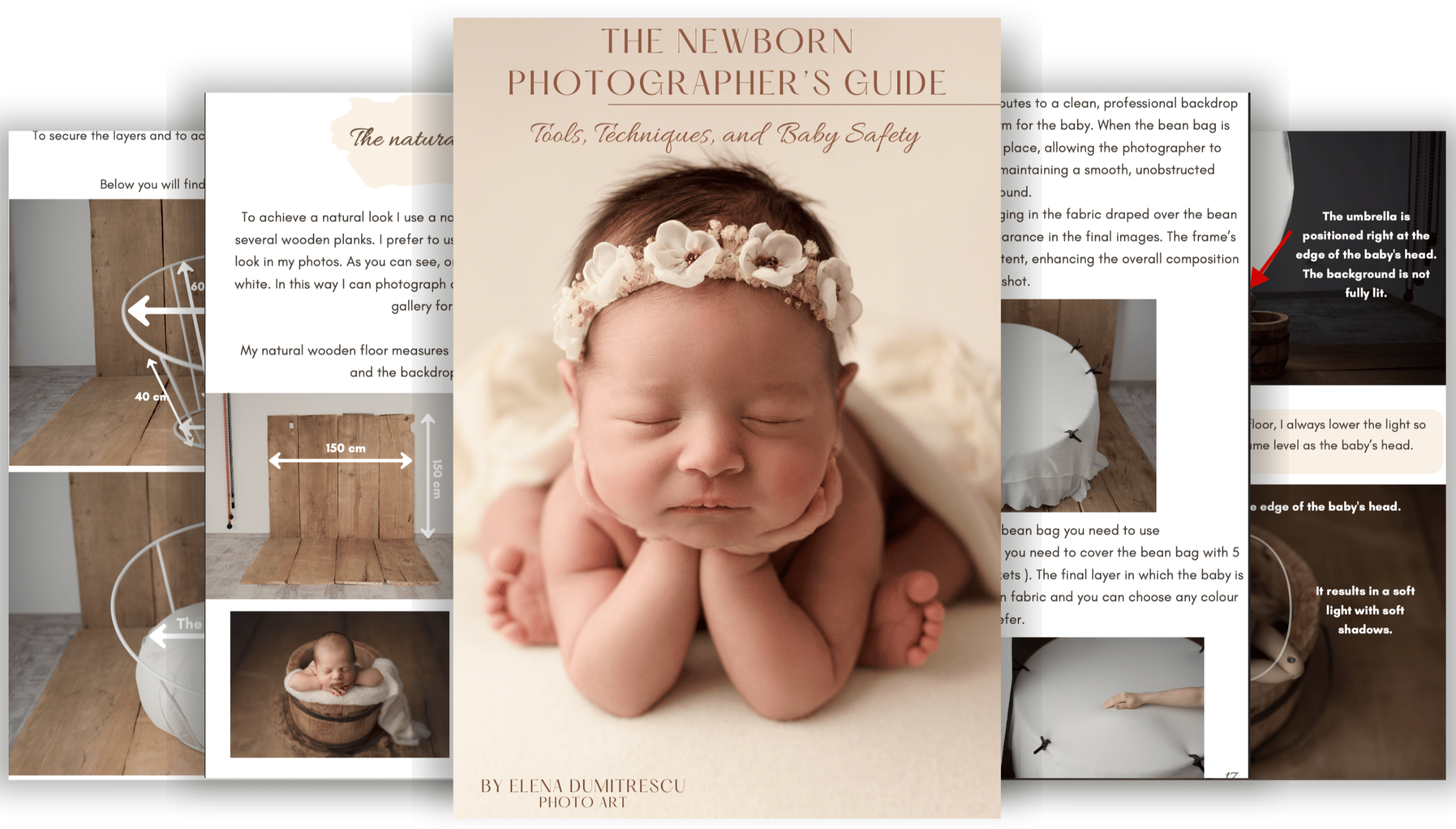 Promotion of the 27-page downloadable Newborn Photographer’s Guide, covering essential newborn photography topics such as safety, equipment, and marketing tips